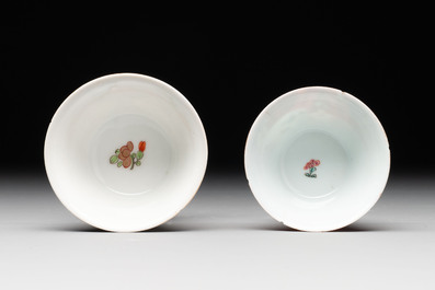 A Chinese famille rose blue-ground cup and saucer, and a 'faux-bois' cup and saucer, Yongzheng/Qianlong