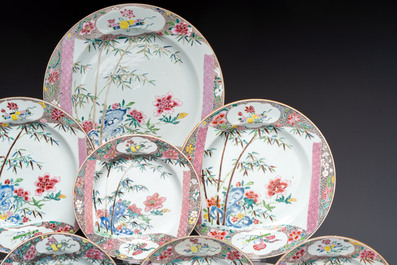 A set of five Chinese famille rose 'floral scroll painting' plates and three dishes, Qianlong