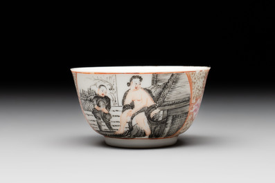 A Chinese gilt-decorated grisaille semi-erotic 'European subject' cup and saucer, Qianlong, ca. 1755