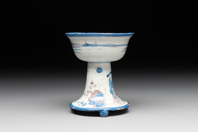 A blue, white and manganese chinoiserie salt, probably Nevers, dated 1732