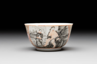 A Chinese gilt-decorated grisaille semi-erotic 'European subject' cup and saucer, Qianlong, ca. 1755