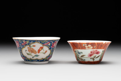 A Chinese famille rose blue-ground cup and saucer, and a 'faux-bois' cup and saucer, Yongzheng/Qianlong
