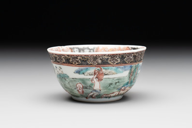 A fine Chinese famille rose 'apple pickers' cup and saucer, Yongzheng