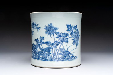A large Chinese blue and white 'birds, bamboo and flowers' brush pot, Transitional period