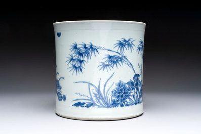 A large Chinese blue and white 'birds, bamboo and flowers' brush pot, Transitional period