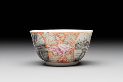 A Chinese gilt-decorated grisaille semi-erotic 'European subject' cup and saucer, Qianlong, ca. 1755