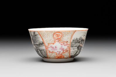 A Chinese gilt-decorated grisaille semi-erotic 'European subject' cup and saucer, Qianlong, ca. 1755