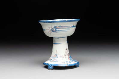 A blue, white and manganese chinoiserie salt, probably Nevers, dated 1732