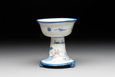 A blue, white and manganese chinoiserie salt, probably Nevers, dated 1732