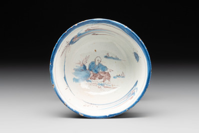 A blue, white and manganese chinoiserie salt, probably Nevers, dated 1732