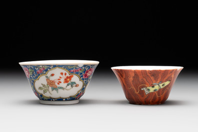 A Chinese famille rose blue-ground cup and saucer, and a 'faux-bois' cup and saucer, Yongzheng/Qianlong