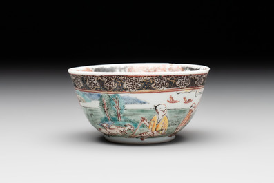 A fine Chinese famille rose 'apple pickers' cup and saucer, Yongzheng