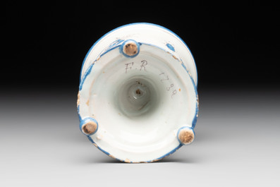 A blue, white and manganese chinoiserie salt, probably Nevers, dated 1732