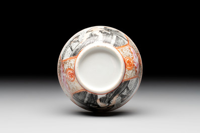 A Chinese gilt-decorated grisaille semi-erotic 'European subject' cup and saucer, Qianlong, ca. 1755