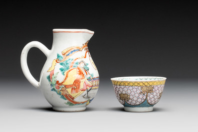A Chinese famille rose armorial plate, a cup and a 'European subject' milk jug, Yongzheng/Qianlong