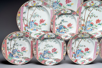 A set of five Chinese famille rose 'floral scroll painting' plates and three dishes, Qianlong