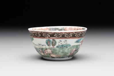 A fine Chinese famille rose 'apple pickers' cup and saucer, Yongzheng