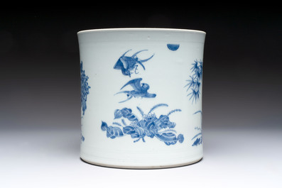 A large Chinese blue and white 'birds, bamboo and flowers' brush pot, Transitional period