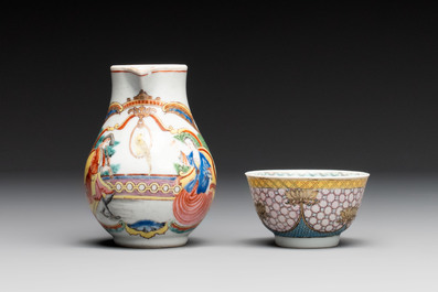 A Chinese famille rose armorial plate, a cup and a 'European subject' milk jug, Yongzheng/Qianlong