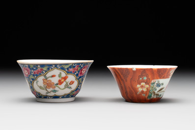 A Chinese famille rose blue-ground cup and saucer, and a 'faux-bois' cup and saucer, Yongzheng/Qianlong