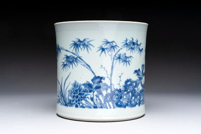 A large Chinese blue and white 'birds, bamboo and flowers' brush pot, Transitional period
