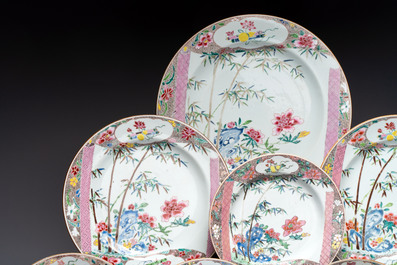 A set of five Chinese famille rose 'floral scroll painting' plates and three dishes, Qianlong