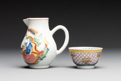 A Chinese famille rose armorial plate, a cup and a 'European subject' milk jug, Yongzheng/Qianlong