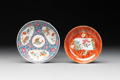 A Chinese famille rose blue-ground cup and saucer, and a 'faux-bois' cup and saucer, Yongzheng/Qianlong