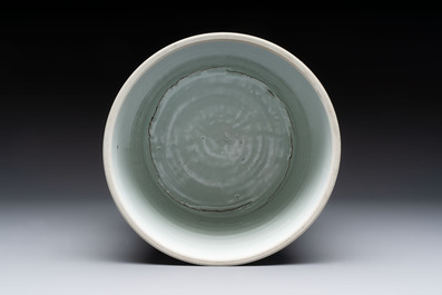 A large Chinese blue and white 'birds, bamboo and flowers' brush pot, Transitional period