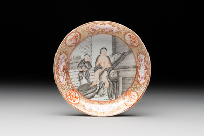 A Chinese gilt-decorated grisaille semi-erotic 'European subject' cup and saucer, Qianlong, ca. 1755