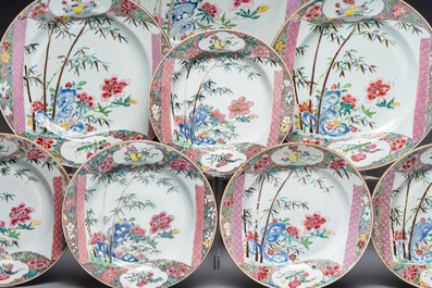 A set of five Chinese famille rose 'floral scroll painting' plates and three dishes, Qianlong