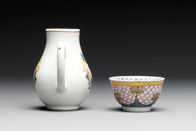 A Chinese famille rose armorial plate, a cup and a 'European subject' milk jug, Yongzheng/Qianlong