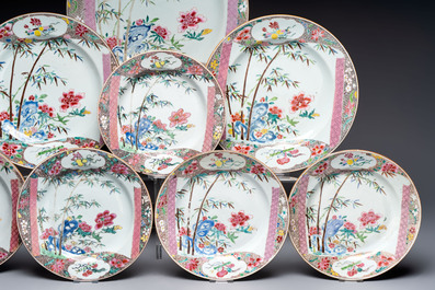 A set of five Chinese famille rose 'floral scroll painting' plates and three dishes, Qianlong