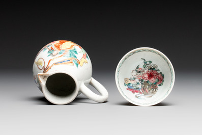 A Chinese famille rose armorial plate, a cup and a 'European subject' milk jug, Yongzheng/Qianlong