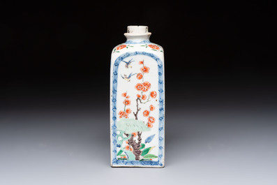 A Chinese famille verte square flask with a silver cover, Kangxi