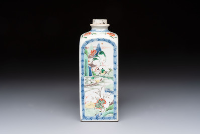 A Chinese famille verte square flask with a silver cover, Kangxi