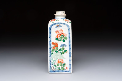 A Chinese famille verte square flask with a silver cover, Kangxi