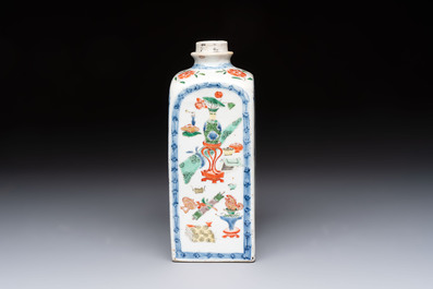 A Chinese famille verte square flask with a silver cover, Kangxi