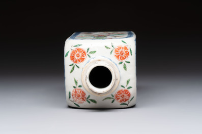 A Chinese famille verte square flask with a silver cover, Kangxi