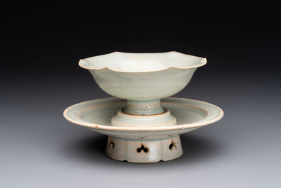 A Chinese qingbai lobed cup and stand, Song