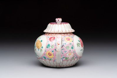A Chinese famille rose moulded teapot and stand with floral design, Yongzheng/Qianlong