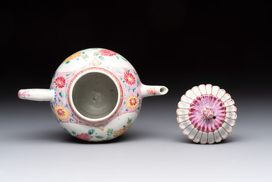 A Chinese famille rose moulded teapot and stand with floral design, Yongzheng/Qianlong