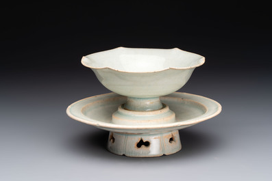 A Chinese qingbai lobed cup and stand, Song