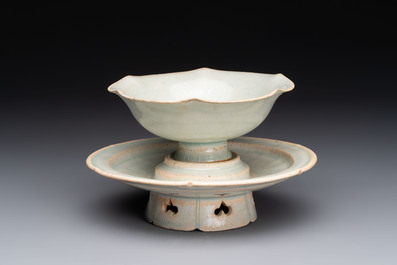 A Chinese qingbai lobed cup and stand, Song