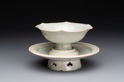 A Chinese qingbai lobed cup and stand, Song