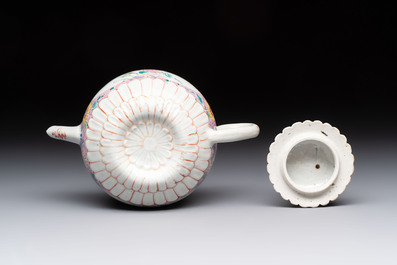 A Chinese famille rose moulded teapot and stand with floral design, Yongzheng/Qianlong