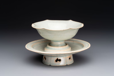 A Chinese qingbai lobed cup and stand, Song