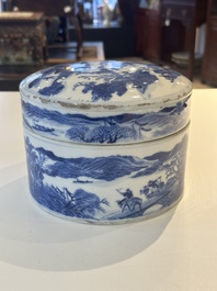 A rare Chinese blue and white cylindrical box and cover for the Thai or Vietnamese market, Jin Tang Fa Ji 錦堂發記 mark, Daoguang