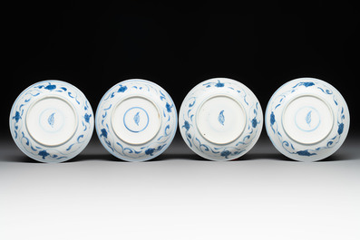 A set of four Chinese blue and white 'Sense of Smell' cups and saucers, artemisia leaf mark, Kangxi