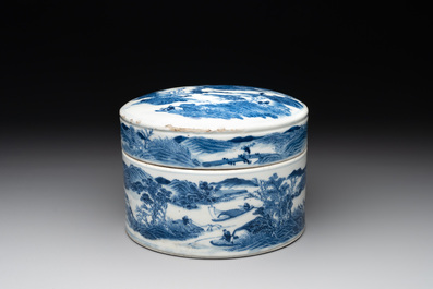 A rare Chinese blue and white cylindrical box and cover for the Thai or Vietnamese market, Jin Tang Fa Ji 錦堂發記 mark, Daoguang